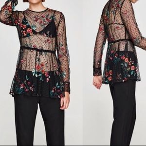 Sheer Floral Embroidered Long Shirt